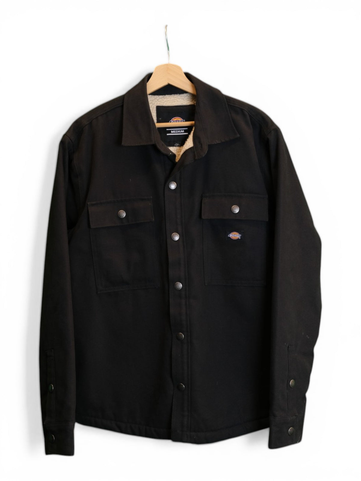Black Dickies work jacket with white sherpa lining