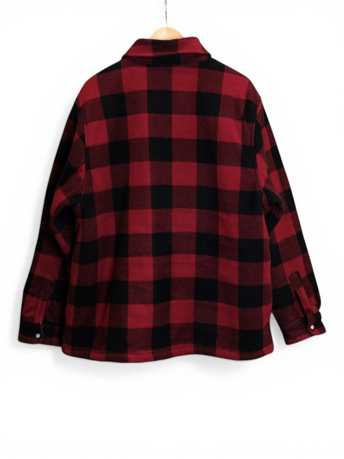 Back of red and black dickies flannel jacket